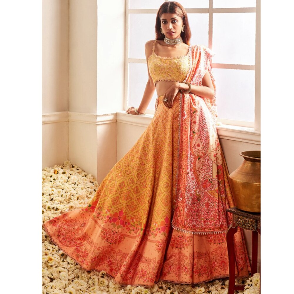 Orange/Yellow Multicolor Floral Printed Lehenga